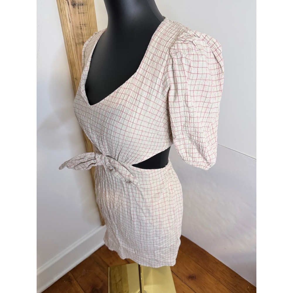 Zara Womens Linen Blend Cut Out with Bow Mini Dress Size XS White Puff Sleeve